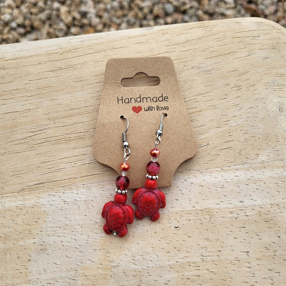 Malak Jewelry Women's Red Ceramic Turtle Dangle Earrings Handmade Silver Plated